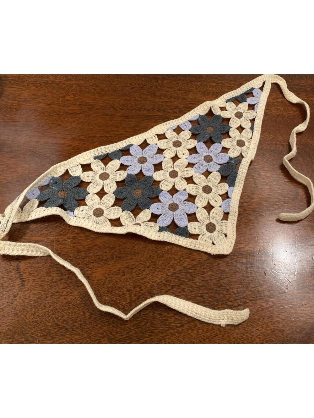 Floral Crochet Triangle Bandana Head Scarf, Adjustable Tie, Bohemian Solid